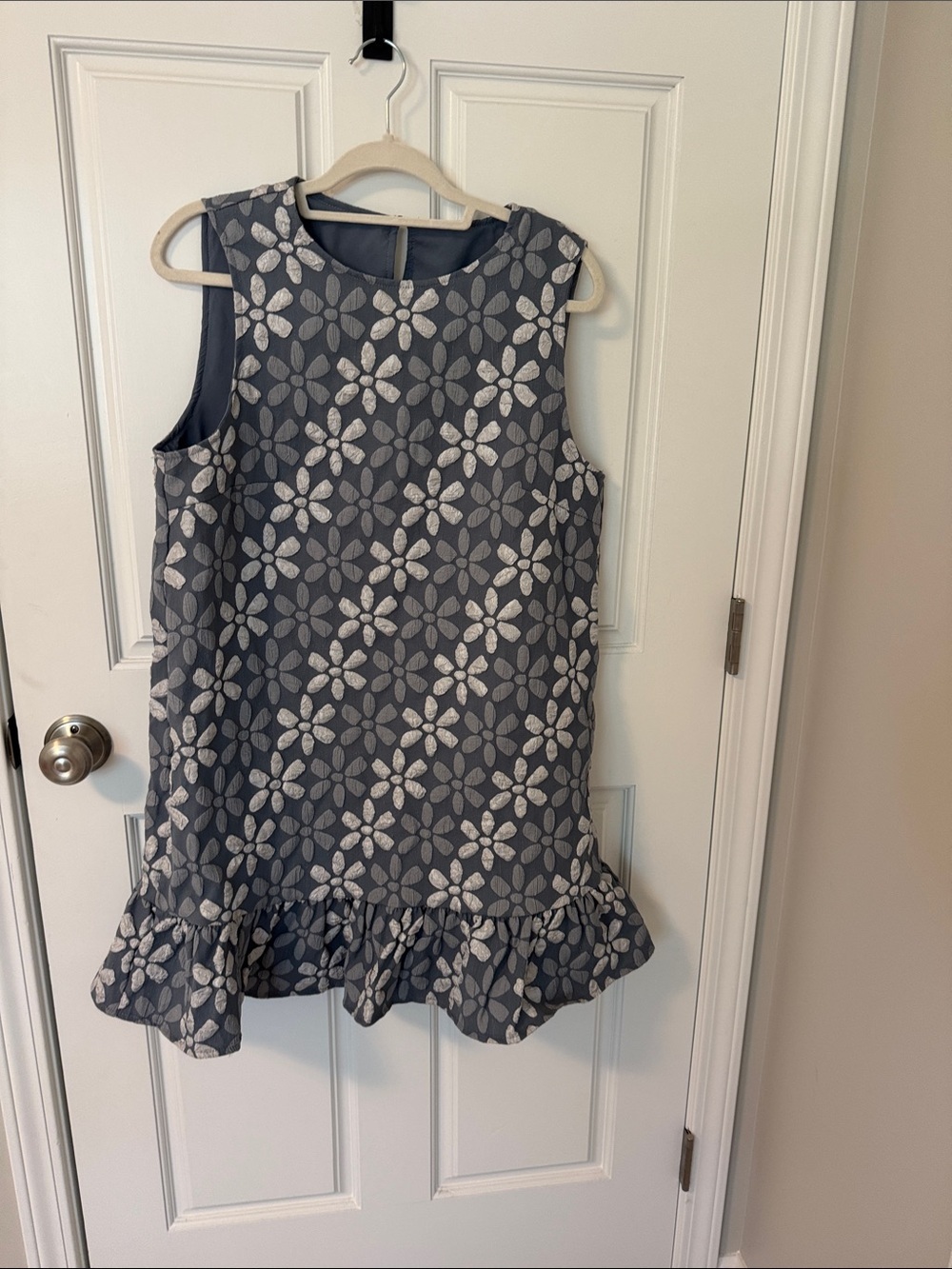 Sleeveless Gray Floral Ruffle-Hem Dress